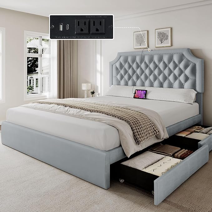 YITAHOME Full Size Bed Frame with Adjustable Headboard, 4 Storage Drawers and Charging Station, Velvet Upholstered Bed Frame with Button Tufted, No Box Spring Needed, Fast Assembly, Noise-Free, Grey