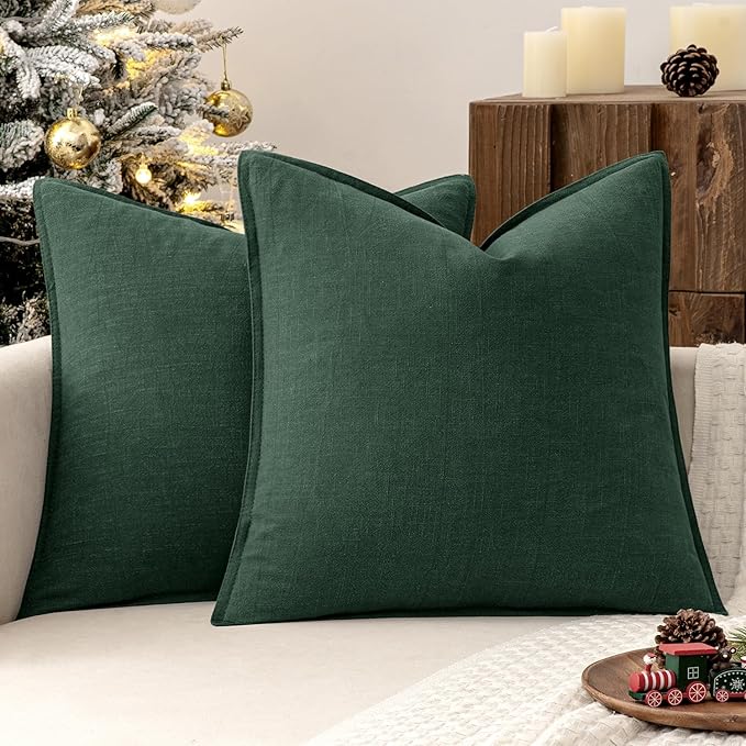 MIULEE Christmas Decorative Linen Pillow Covers 16x16 Inch Dark Green Boho Farmhouse Neutral Couch Throw Pillows for Bed Pack of 2 Accent Modern Pillowcase Sofa Livingroom Home Decor