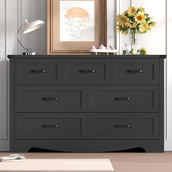 7-Drawer Dresser for Bedroom – 47" Wide Modern Wooden Chest with Natural Wood Texture, TV Stand & Storage, Metal Corner Brackets, Wood Drawer Organizer for Living Room, Hallway