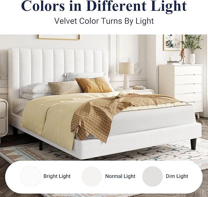 Allewie Queen Bed Frame/Velvet Upholstered Bed Frame with Vertical Channel Tufted Headboard/Strong Wooden Slats/Platform Bed Frame/Mattress Foundation/Box Spring Optional/Easy Assembly/White