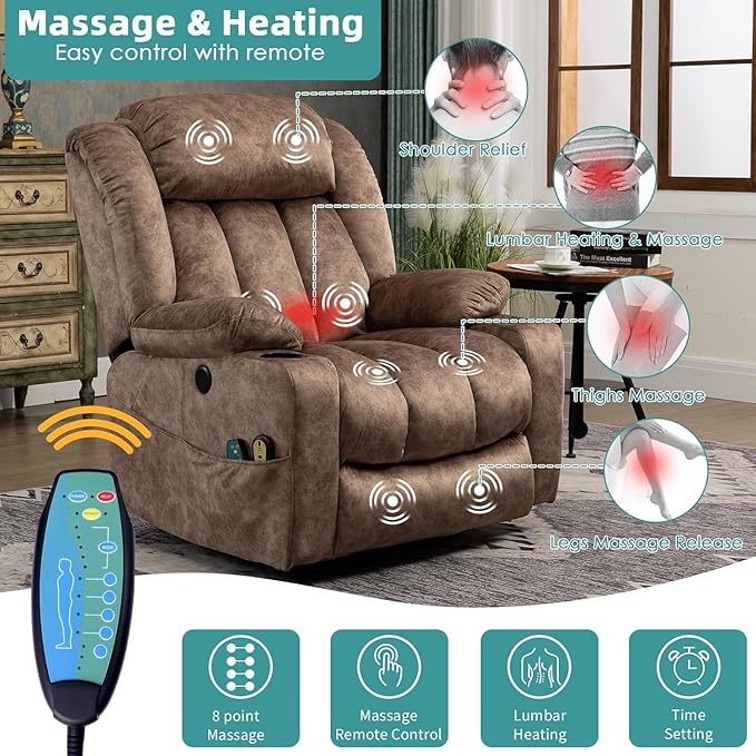 MEETWARM Large Power Lift Electric Recliner Chair with Extended Footrest for Big Tall Man, Overstuffed Wide Recliner with Heat and Massage, 2 Remote Controls/4 Side Pockets/USB Ports(Plush-Brown)