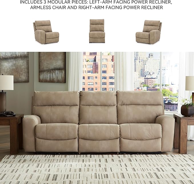 Signature Design by Ashley Next-Gen DuraPella Contemporary Faux Leather Modular Wall Hugger 3-Piece Power Reclining Sectional Sofa with Adjustable Headrest and USB Ports, Light Brown