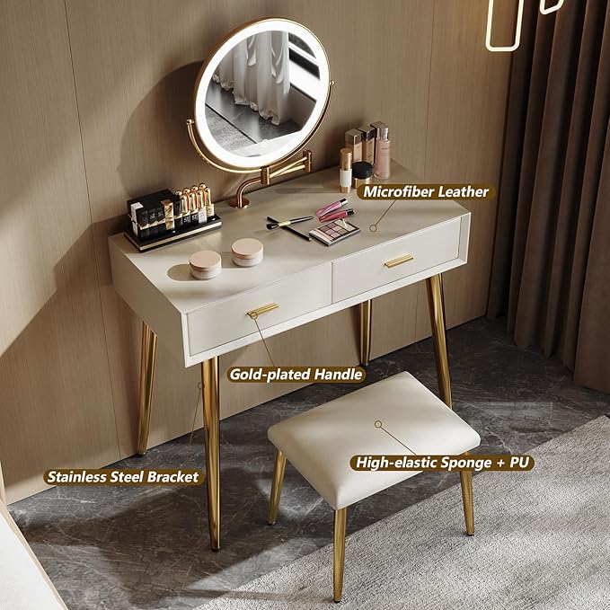 IKuinen Makeup Vanity Desk with Mirror and Lights, Small Vanity Table with 2 Drawers, Stool, Vanity Set for Bedroom with Leather, 3 Lighting Modes - 31.5In Beige