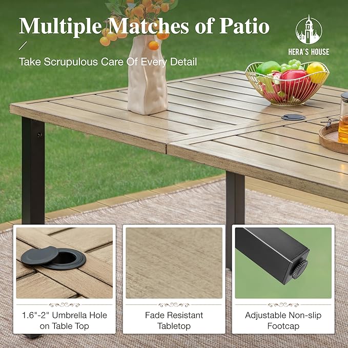 HERA'S HOUSE Patio Table and Chairs Set 7-Piece, Outdoor Dining Furniture Set with Cushions, All-Weather Wood Grain Table with 1.6"-2" Umbrella Hole & Wicker Chairs for Backyard, Garden, Deck