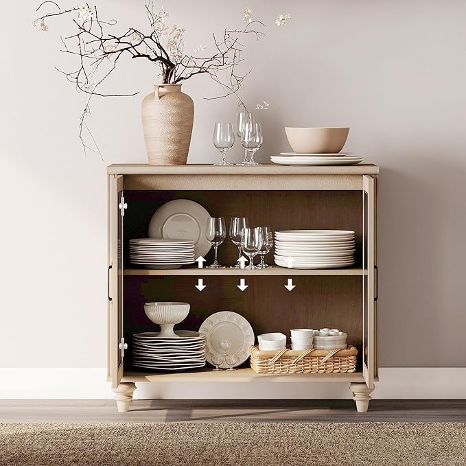 WAMPAT Farmhouse TV Stand for TVs Up to 43 inch, Glass Wood Universal TV Stand with 2 Storage Cabinets, Beige Entertainment Center TV Console Table for Living Room, Bedroom