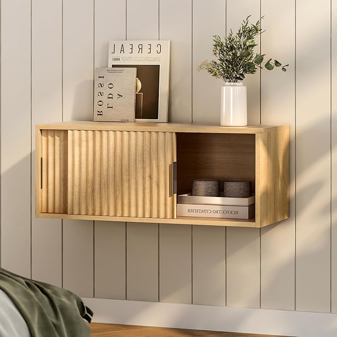 Fluted Floating TV Stand Set of 2, 30" Multi-Purpose Modern TV Display Shelf Console Entertainment Center Cabinet with Sliding Doors for Bedroom Living Room Entryway, Natural Oak