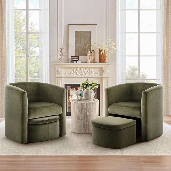 COLAMY Upholstered Velvet Barrel Accent Chair with Storage Ottoman, Morden Living Room Chair with Lounge Seat for Bedroom/Reading Spaces, Green