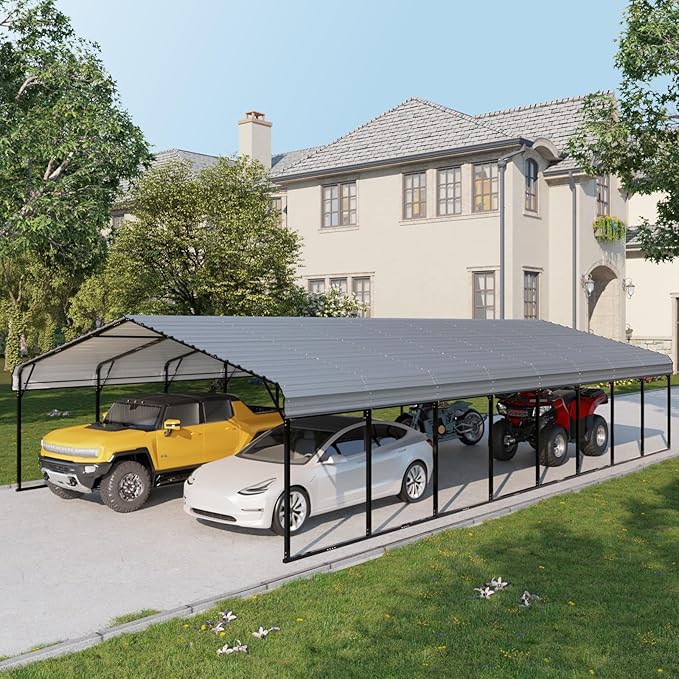 EROMMY 20x40 FT Metal Carport, Heavy Duty Carports with Galvanized Steel Roof and Frame, Sturdy Car-Shelter in All Weathers, Easy Assembly Car-Canopy for 2 Cars, SUV, Tractors and Boat, Gray