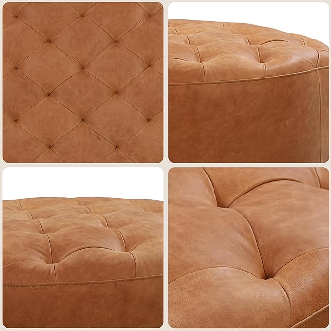 Poly & Bark Ascot Ottoman – 40" Round Pouf with Feather-Down Topper – Full-Grain Leather Upholstered Pouf Ottoman for Living Room – Vintage Italian Leather in Cognac Tan