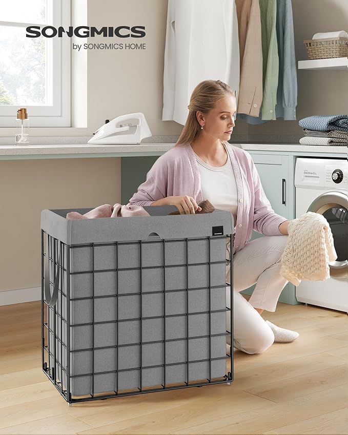 SONGMICS Laundry Hamper, 34.3 Gal. (130L) Laundry Basket, Collapsible Clothes Hamper, Removable and Washable Liner, Metal Wire Frame, for Bedroom Bathroom, Black and Gray ULCB113G01