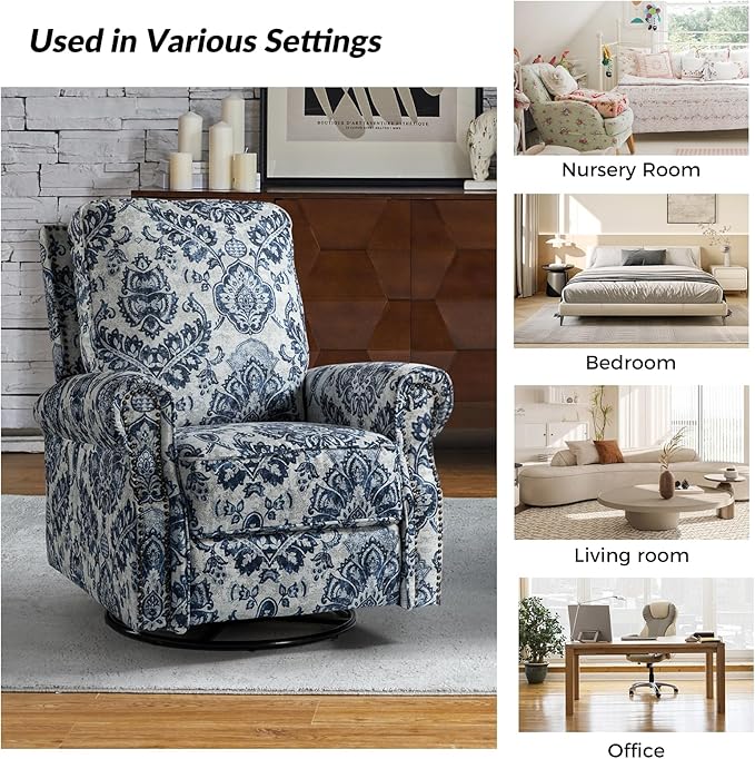HULALA Home Modern Rocker Recliner, Printed Fabric Swivel Glider with Adjustable Backrest & Footrest, Comfy Upholstered Manual Recliner Chair Home Theater Singe Sofa for Bedroom Living Room, Damask