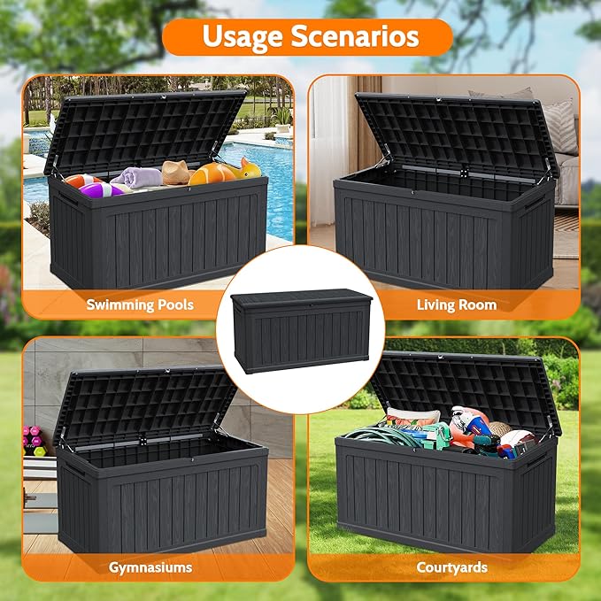 260 Gallon Double-Wall Resin Deck Box - Lockable Waterproof Outdoor Storage Box, 1000lbs Capacity & Doubles as Seating for Patio Furniture - Garden Tools, Pool Accessories (Black)