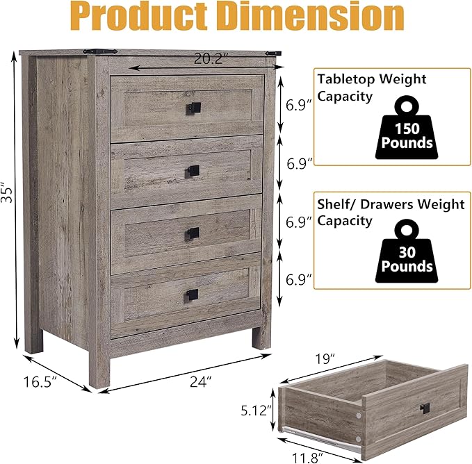 Farmhouse 4 Drawer Dresser for Bedroom, 24" Wide Wood Dresser with Metal Handle for Bed Room, Hallway, Light Grey Rustic Oak