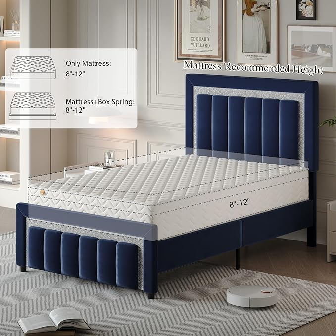 HOMBCK Twin Bed Frame with Headboard and Footboard, Upholstered Bed Frame Twin Size with Diamond Design, No Box Spring Needed, Easy Assembly, Blue
