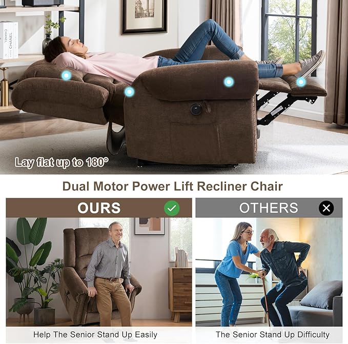 CDCASA Dual Motor Lay Flat Lift Chairs Recliners for Elderly with Massage and Heat, Upgraded Chenille Infinite Position Large Sleeping Electric Power Lift Chair Recliner for Seniors, Brown