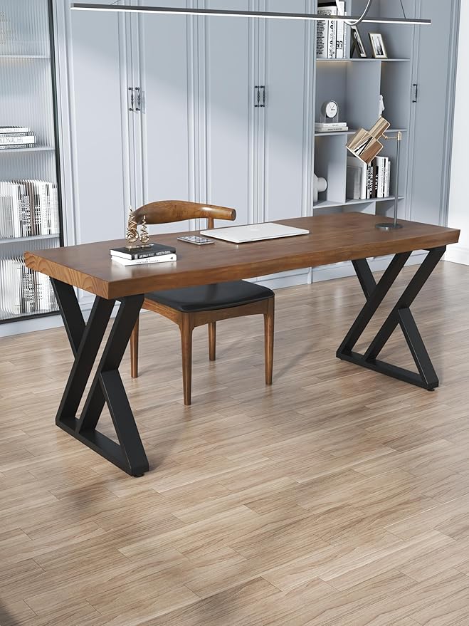 Solid Wood Desk 55 inches Wide Home Office Desk,Metal Modern Industrial Writing Table, Workstation, Perfect Table for Your workspace Study Table Furniture in Rustic Natural Aged Brown