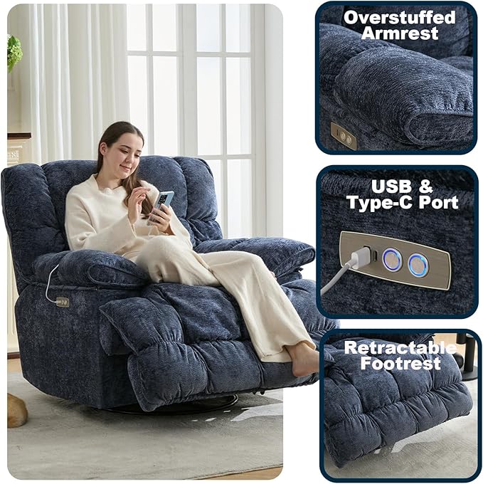 GINGO Power Oversized Recliner Chair, Extra Wide Swivel Rocking Recliner Chair, Breathable Soft Fabric Modern Single Sofa for Living Room, 90°-140° Electric Adjustable Angle, USB & Type-C Port, Blue