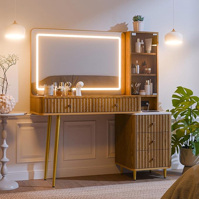 Fluted Vanity Desk with 36" Mirror and Lights, Makeup Vanity Desk with Glass Top, Dressing Table with 5 Drawers & Shelves, Wood Vanity Table for Bedroom(Natural Oak)