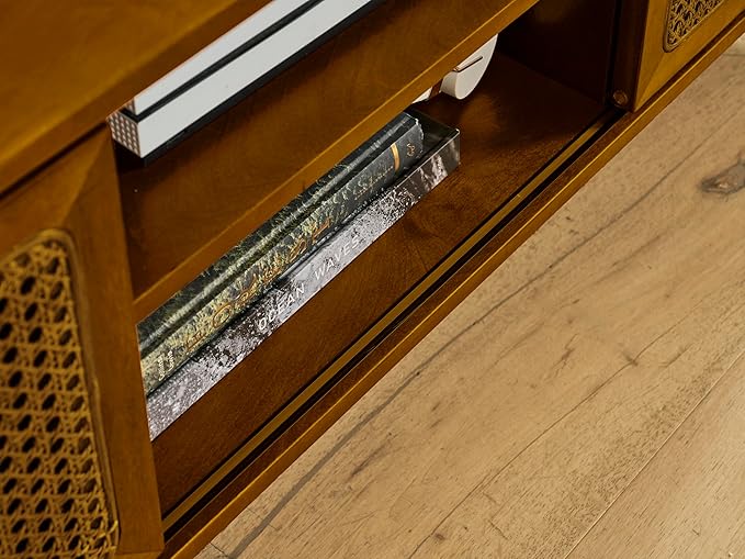 68 Inch Mid Century Modern TV Stand with Rattan Doors, MCM Entertainment Center Media Console for 60/65/70/75 inch TVs, Long Boho Television Stand for Living Room, Light Walnut