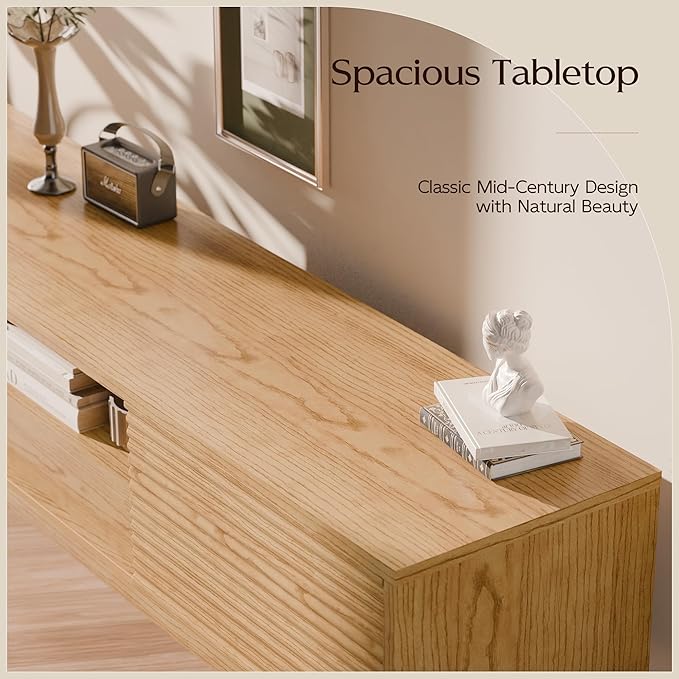 70" TV Console, Mid Century Modern Media Console for 55/65/75 Inch TV, Low Profile TV Stand with Fluted Sliding Doors, Boho Light Wood Credenza for Living Room, Oak