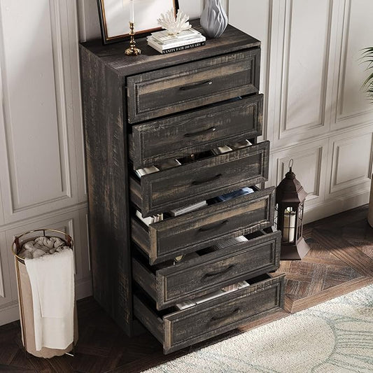 Fameill Dresser for Bedroom, Tall Dresser for Hallway, 6 Drawer Wide Dresser Organizer with Charging Station for Closet, Wood Dresser with Metal Handles, Dark Brown