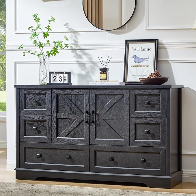 LIDYUK 6 Drawer Black Dresser for Bedroom Farmhouse Dresser Chest of Drawers, 55" Wide Clothes Organizer with Storage Cabinet Wood Chest of Drawers for Bedroom, Living Room