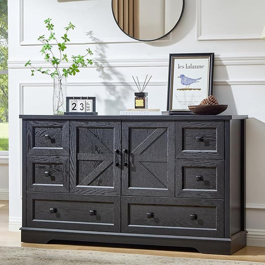 LIDYUK 6 Drawer Black Dresser for Bedroom Farmhouse Dresser Chest of Drawers, 55" Wide Clothes Organizer with Storage Cabinet Wood Chest of Drawers for Bedroom, Living Room
