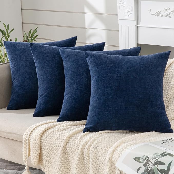 GAWAMAY Decorative Square Throw Pillow Covers 18"x18" Inch Set of 4, Super Soft Chenille Pillows Farmhouse Fall Pillowcase for Living Room Bedroom Sofa Couch Cushion Cover Navy Blue 45x45cm