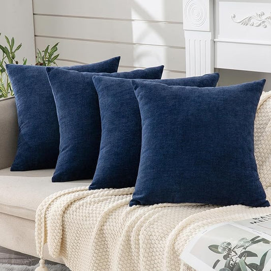GAWAMAY Decorative Square Throw Pillow Covers 18"x18" Inch Set of 4, Super Soft Chenille Pillows Farmhouse Fall Pillowcase for Living Room Bedroom Sofa Couch Cushion Cover Navy Blue 45x45cm