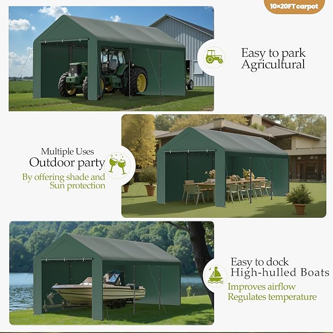 GOJOOASIS 10x20 Carport Heavy Duty Portable Garage Shelter Metal Car Canopy Tent with UV-Resistant & Weatherproof Top Cover for RV & Vehicles (Green, 10x20 with sidewalls)
