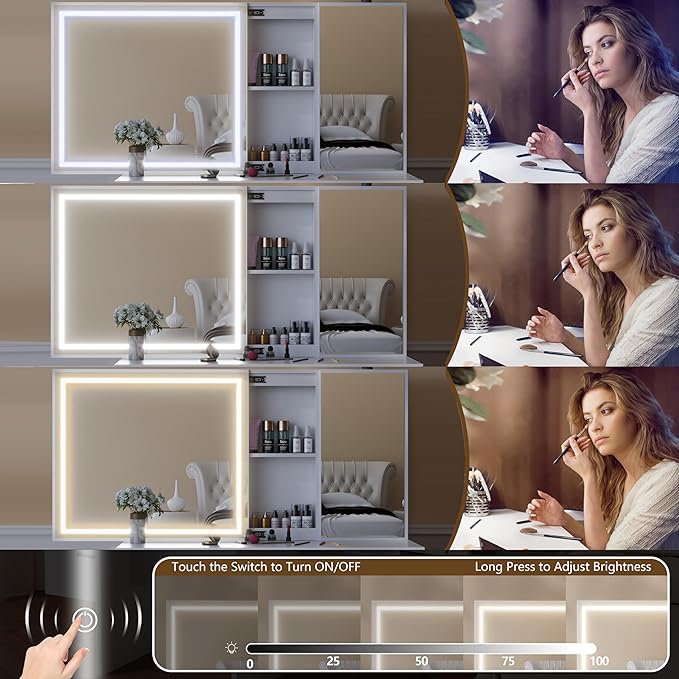 Vanity Desk with Lighted Mirror, Charging Station and Hairdryer Holder, Glass Top Makeup Vanity with Adjustable LED Lights, White Vanity Table with Sliding Mirror & Hidden Storage (No Stool)