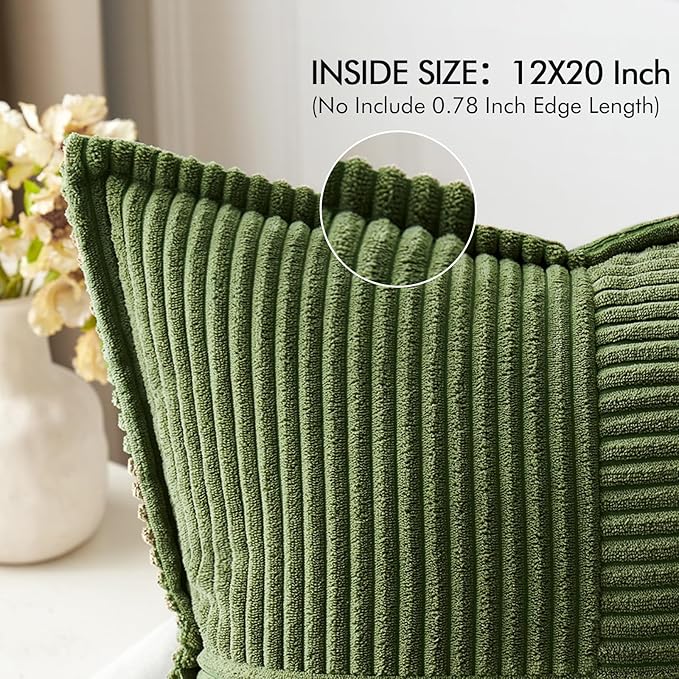 MIULEE Decorative Lumbar Throw Pillow Covers for Couch Bed Livingroom 12x20 Inch Set of 2 Moss Green Boho Accent Throw Pllows Broadside Striped Patchwork Soft Corduroy Summer Pillowcases