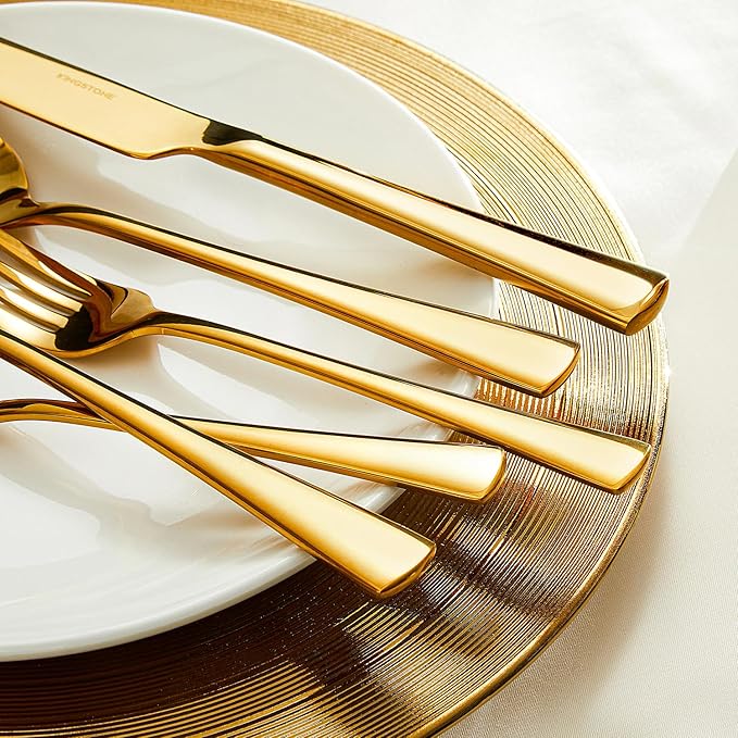 KINGSTONE Silverware Set for 12, 60-Piece Forged 18/10 Stainless Steel Flatware Set, Mirror Finish Cutlery Set Dishwasher Safe for Home, Restaurant, Wedding, Party, Gold