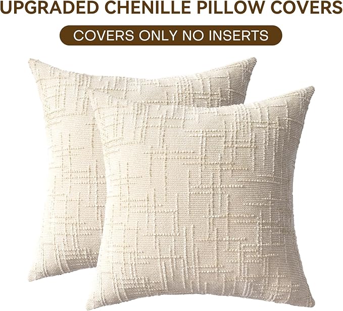 Decorative Throw Pillow Covers 20x20 Inch Set of 2, Thick Solid Farmhouse Chenille Couch Pillows, Spring Pillow Covers for Couch Sofa Bed Living Room Home Decor Pillowcase,White