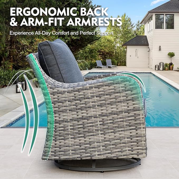 3 Pieces Patio Furniture Set, Outdoor Swivel Rocker with Washable Cushions & Tempered Glass Tabletop, Outdoor Rattan Conversation Set for Lawn Backyard Porch (Grey)