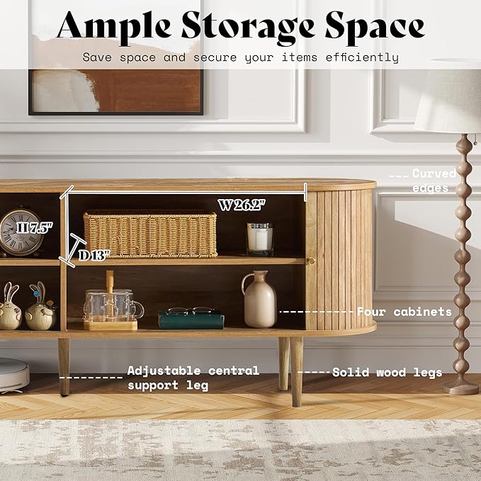 AMERLIFE 70" TV Stand with Solid Wood Legs, Mid Century Modern TV Console with Tambour Door for 80-inch TV, Dust-Proof Storage Cabinet for Living Room, Natural Oak