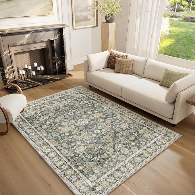 Washable Area Rugs 5'x7' Non-Slip Vintage Boho Distressed Fade Resistant Low Pile Carpet for High-Traffic Living Room, Bedroom & Dining Room