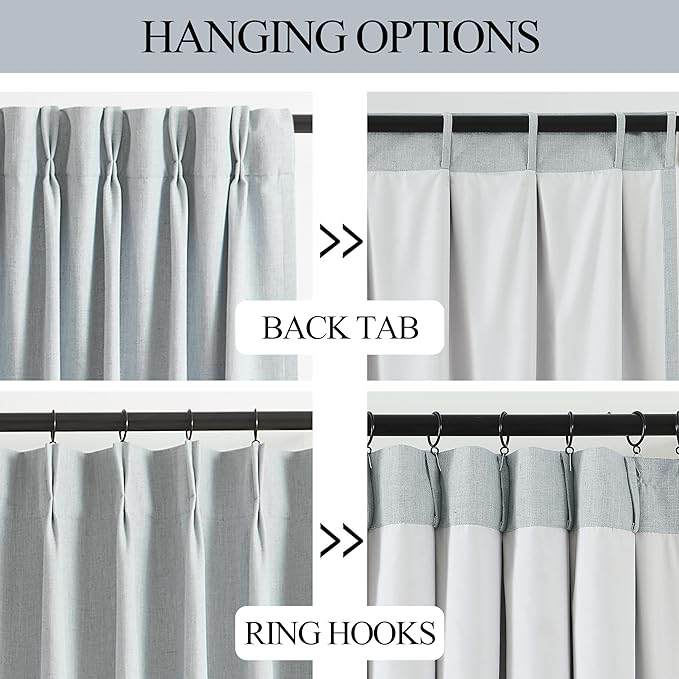 Vision Home Blue Fog Pinch Pleated Full Blackout Curtains Linen Blended Room Darkening Window Curtains 63 inch for Living Room Bedroom Thermal Insulated Pinch Pleat Drapes with Hooks 1 Panel 60"Wx63"L