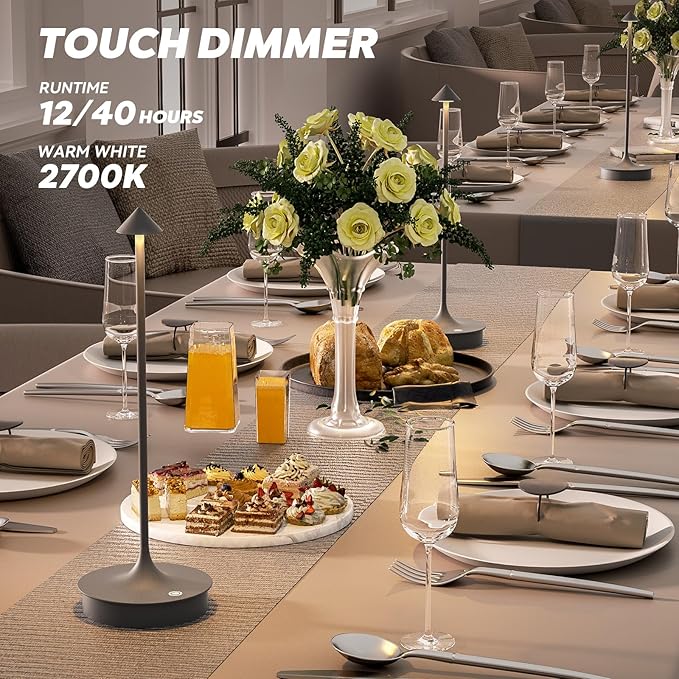 Small Cordless Table Lamp Rechargeable, Battery Operated Desk Lamp, 4000mAh LED Touch Lamp, Dimmable Portable Outdoor Waterproof Wireless Table Light for Restaurants/Bars/Outdoor(1PC,Gray)