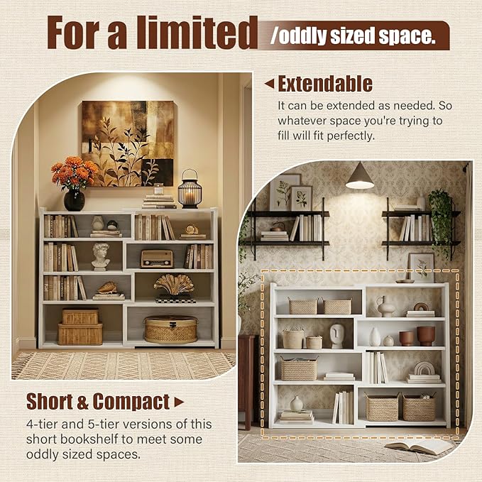 Armocity Book Shelf - Small Expandable Ladder Shelf, Short Corner Bookshelf for Small Spaces, 5 Tier Wood Narrow Bookcase, for Living Room, Bedroom, Entryway, White