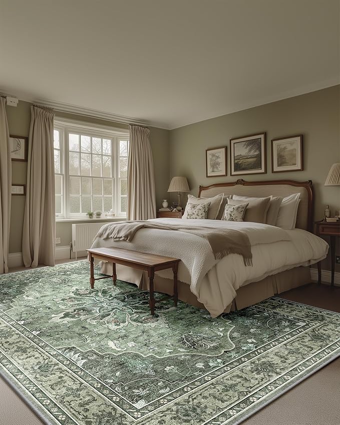 Area Rugs 5'x8' Washable Non-Slip, Floral Vintage Distress Print Pattern Medallion Carpet for Living Room Bedroom Dining Room, Dark Green Gray