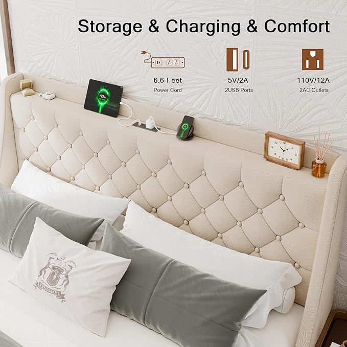 Upholstered King Size Bed Frame with 4 Storage Drawers, Modern Platform Bed with Wingback Headboard, Charging Station, No Box Spring Needed, Beige