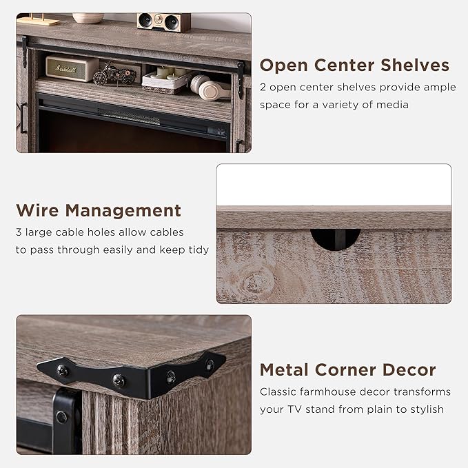 JXQTLINGMU Fireplace TV Stand for 80 Inch TV, Farmhouse Entertainment Center with 36" Fireplace, Modern Media Console with Sliding Barn Door & Storage Drawers for Living Room, Grey