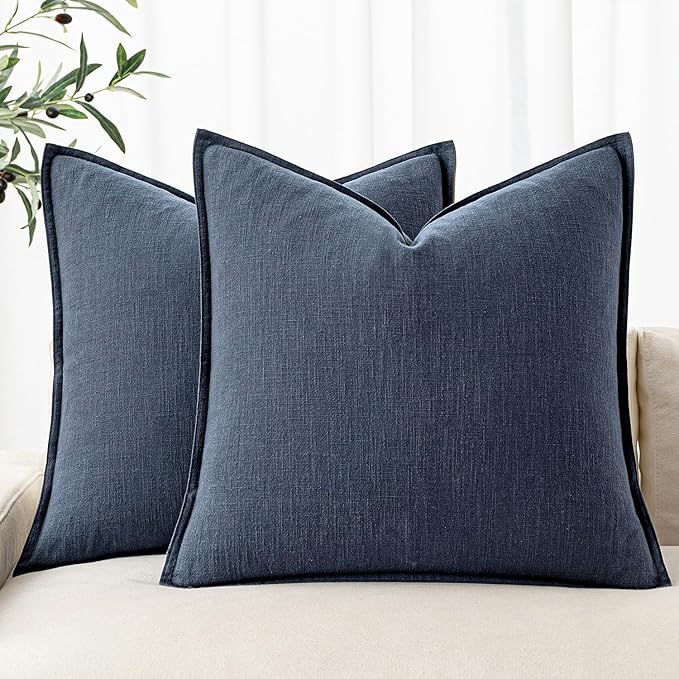 MIULEE Decorative Linen Pillow Covers 18x18 Inch Indigo Blue Boho FarmhouseNeutral Couch Throw Pillows for Bed Pack of 2 Accent Coastal Modern Pillowcase Summer Sofa Livingroom Home Decor