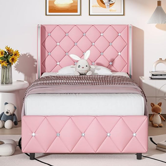 Twin Bed Frame with Headboard, Faux Leather Upholstered Bed with Diamond Tufted Design, Girls' Twin Bed Frames for Kids, No Box Spring Required, Easy Assembly, Pink