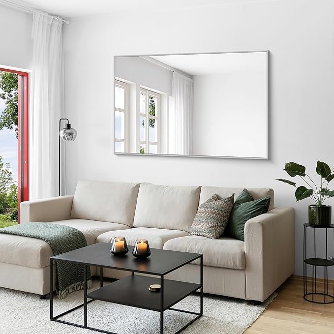KOCUUY Large Silver Bathroom Mirror, 55x36 inch Rectangular Mirror for Bathroom Sink, Oversized Mirror with Metal Brushed Nickel Frame for Living Room, Farmhouse, Entryway, Hang Horizontal/Vertical