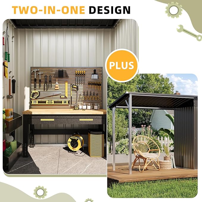 AECOJOY Outdoor Open-Sided Metal Storage Shed, 3x5 Sheds & Outdoor Storage with 15 Sq. Ft Covered, 5' x 3' Small 2-in-1 Tool Shed with Attached Hardtop Metal Pergola Gazebo