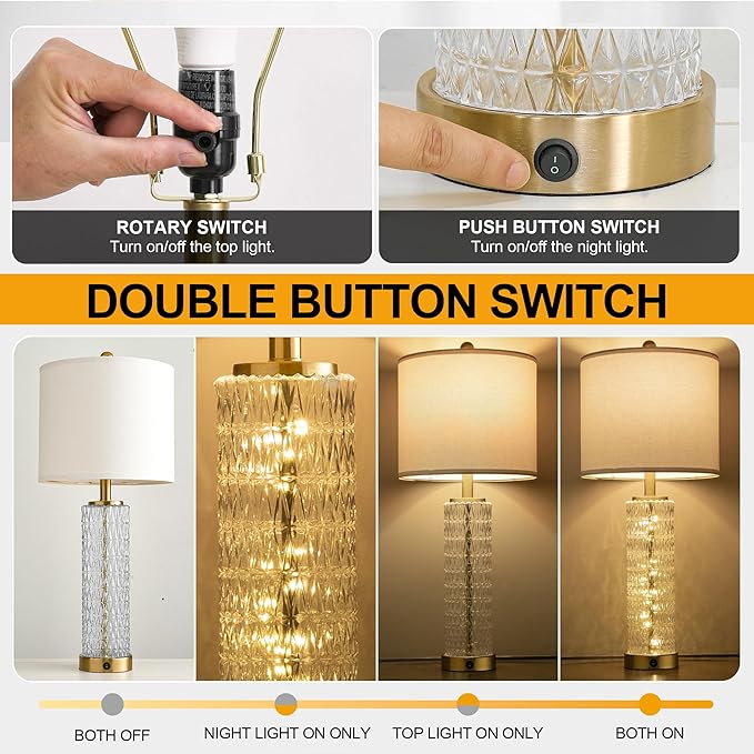 Oneach 27.75” Table Lamps Set of 2, Gold Modern Bedside Lamp with LED Night Light, USB A+C, Glass Lamps for Living Room, Bedroom, Nightstand, Office, End Table (2 Bulbs Included)
