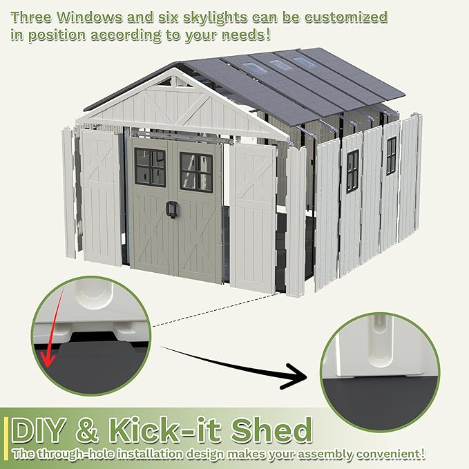 Greesum 10×12 FT Plastic Outdoor Storage Shed with Floor and Lockable Door, Resin Sheds with Windows and Skylights, Weather Resistant Organization for Garden, Lawn, Pool Supplies, Beige