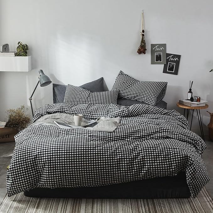 mixinni Black Gingham Comforter Set Twin XL, Plaid Comforter Set 3 Pieces 1 Black Grid Comfoter with 2 Pillow Cases for All Seasons, Soft Fluffy Modern Grid Pattern Printed Bedding-Twin XL Size